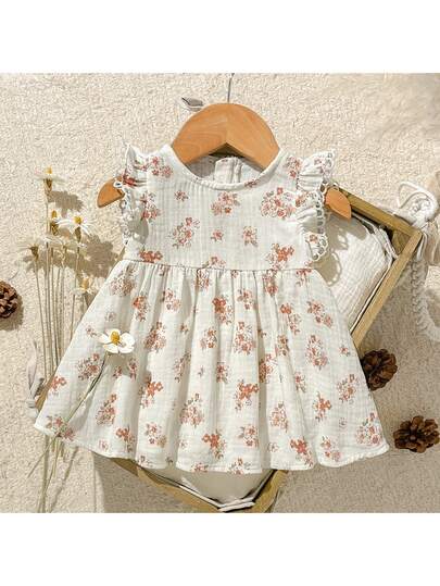 Loomiva Newborn Baby Girl Floral Print Round Neck Cap Sleeve Cinched Waist Dress, Versatile & Comfortable