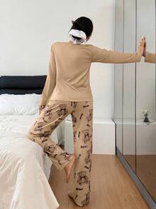 Dream Adore 2pcs Women's Cute Bear Print Long Sleeve Pajama Set - Multicolor - View 2