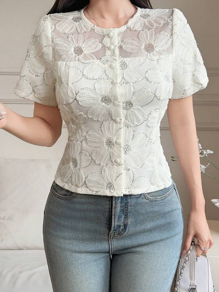 Women's Elegant Lace Round Neck Blouse, Waist Cinched Design, Casual For Commute, Suitable For Spring, Summer, Valentine's Day, Wedding