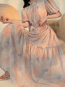 DAZY High Neck Puff Sleeve Midi Dress For Women, Vacation - Apricot - View 3