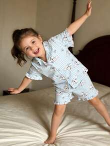 Conjunto de pijama infantil feminino de 2 peças, estampa xadrez com desenho de coelho, blusa com botões frontais e shorts, roupa de dormir confortável. - Azul - Ver 3