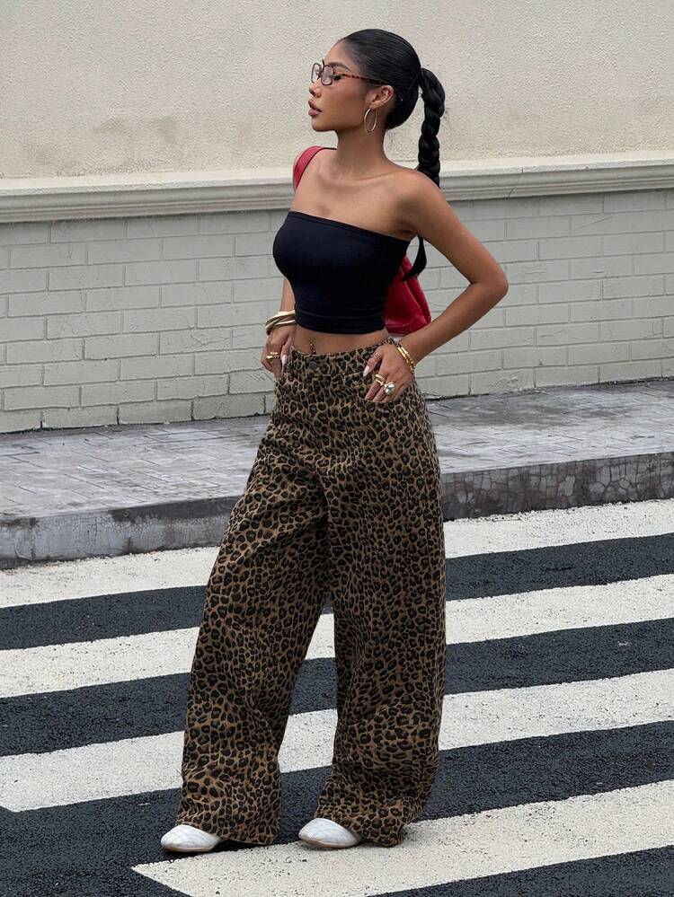 Women's Casual Fashion Street Chic Daily Commute Leopard Print Loose Wide-Leg Jeans Y2k