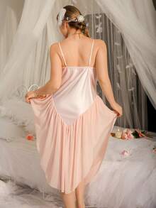 Plus Size Sexy Romantic Lace Patchwork Asymmetric Mesh Satin Slip Dress With Ruffle Hem For Wedding Season - Pink - View 2