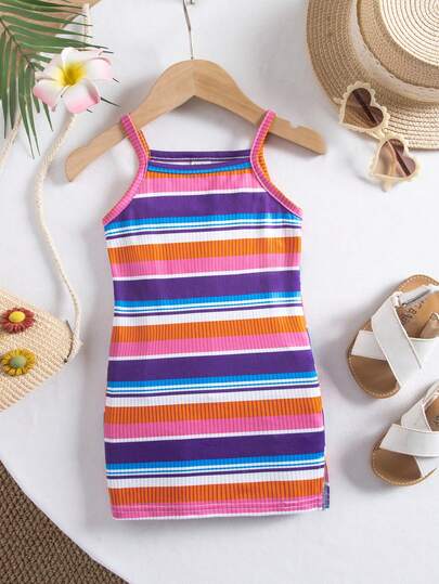 SHEIN 女婴可爱休闲针织彩色条纹无袖连衣裙，夏季