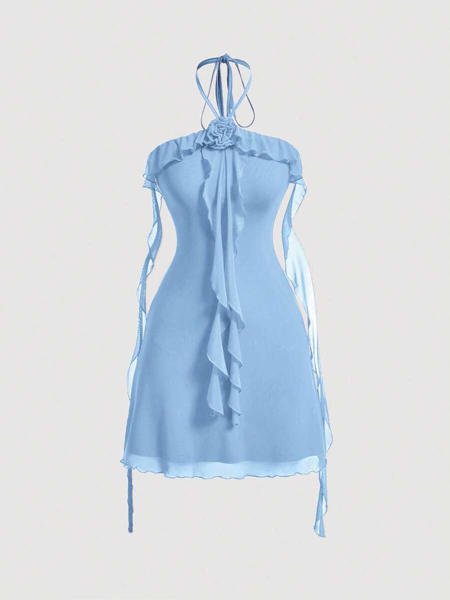 SHEIN MOD 蓝色露背花卉装饰荷叶边领口系带浪漫弹力针织网纱女装 - 藍色 - 查看 1