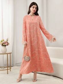 Yasmyna Feather Trim Embroidered Loose Flared Hem Elegant Women Dress