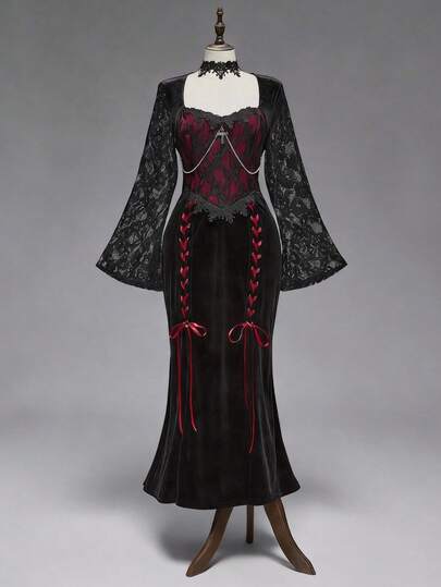 Women's Vintage Palace Gothic Lace Patchwork Contrast Color Cross Chain Decor Bodycon Mermaid Dress