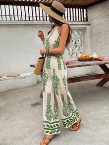 SHEIN Frenchy 女士夏季休闲波西米亚度假风印花缎面吊带阔腿连体裤 - 綠色 - 查看 4