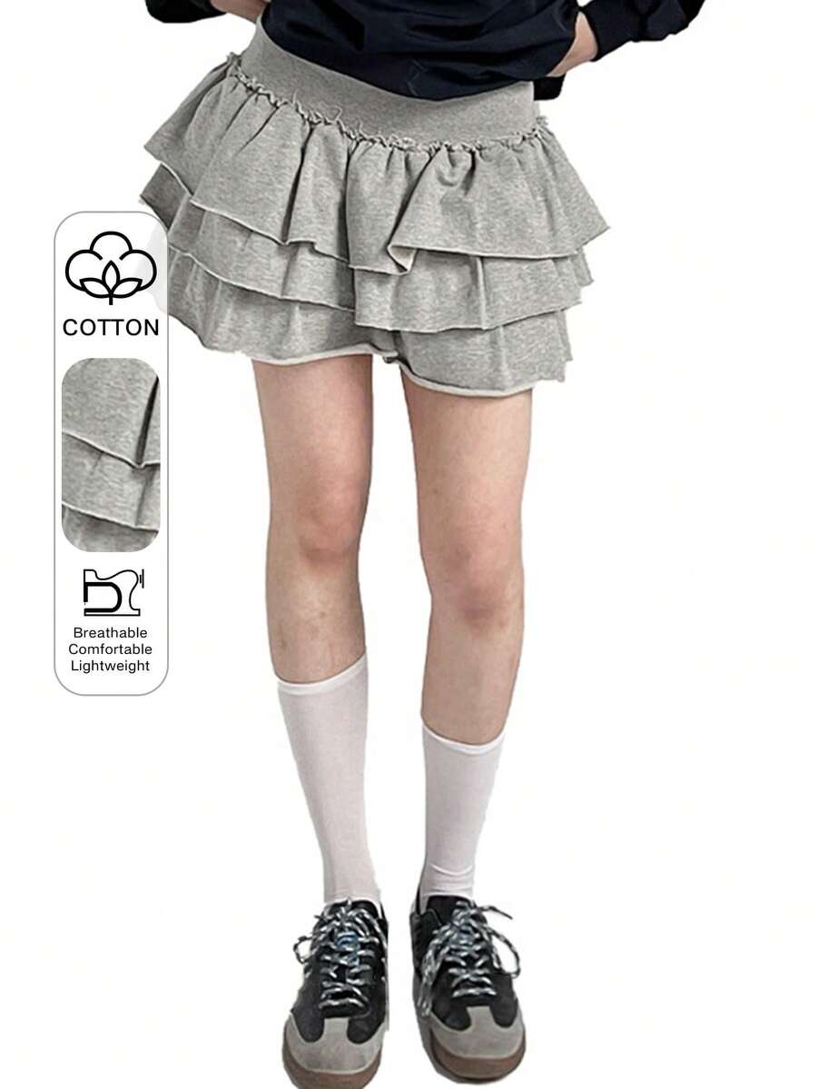 DAZY 女士纯色蛋糕裙搭配安全短裤，短款夏季，荷叶边 - 灰色 - 查看 1