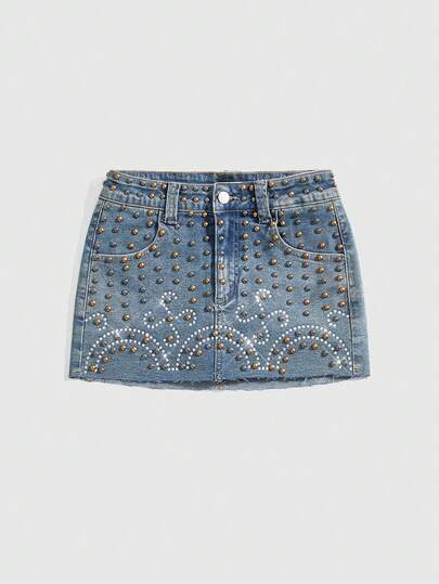ROMWE J-Fashion Women's Vintage Y2K Studded Decor Super Low Waist Mini Denim Skirt