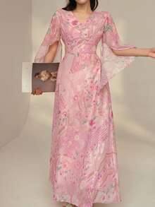 DAZY Vestido con estampado floral de primavera y verano, vestido midi elegante y entallado para el Día de San Valentín, boda, fiesta, ocasión formal, uso casual, vestido de verano de manga larga con estampado floral oscuro - Celeste - Ver 3