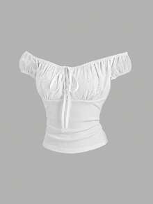 Sweetra Áo thun nữ màu trắng, thích hợp cho Halloween, Lễ Tạ ơn, Năm mới, dự tiệc, đi làm, mặc hàng ngày, du lịch, nghỉ mát. Áo thun trắng tay ngắn với thiết kế chắp vá, thêu, khoét lỗ, thắt nơ phía trước, hở vai, thắt eo, ngọt ngào và dễ thương. - trắng - Xem 1