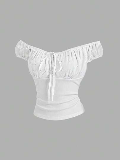 Sweetra Women's Halloween, Thanksgiving, New Year, Suitable For Party, Commute, Daily, Travel, Vacation. White T-Shirt, White Top With Patchwork Design, Embroidery, Hollow-Out, Bow Tie Front, Off-Shoulder, Waist Cinching, Sweet And Cute Short Sleeve T-Shirt