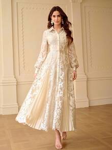 ZEYLAH Embroidered Elegant Romantic Extra Long A-Line Dress, Spring/Summer - Apricot - View 4