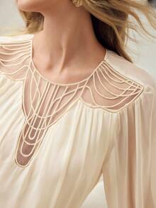 MOTF PREMIUM WOMEN'S CHIFFON CONTRAST LACE RIBBON EMBROIDERED ROMANTIC BLOUSE - Apricot - View 2