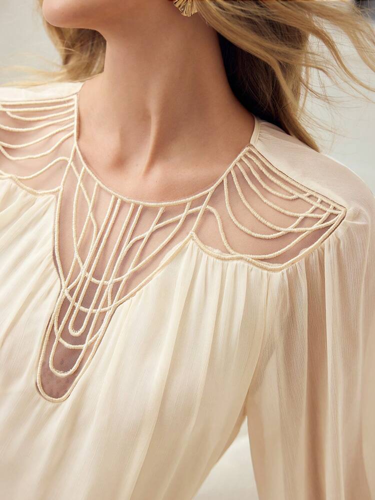 WOMEN'S CHIFFON CONTRAST LACE RIBBON EMBROIDERED ROMANTIC BLOUSE