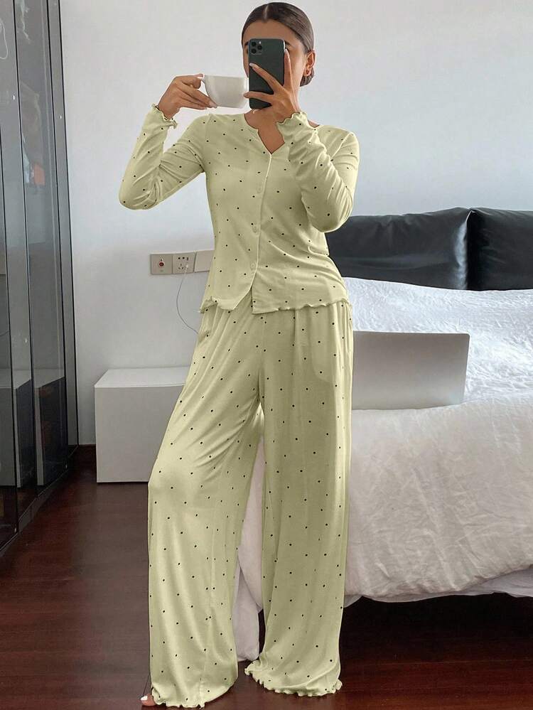 2pcs Polka Dot Print Cardigan Long Sleeve & Straight Leg Pants Women Pajama Set, Spring
