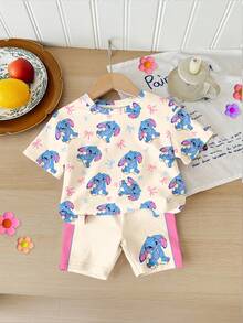 SHEIN Cream White, Cute Cartoon Blue Rabbit Stitch Pattern, Pink Contrast Trim, Young Girl Casual Loose Short Sleeve Round Neck T-Shirt And Shorts Legging 2-Piece Set, Suitable For Spring/Summer Daily, Home, Campus, Spring & Summer Outfits For Outing, Sets For Girls, Stylish Kids, Casual Wear, Kids Cartoon Animal Graphic Clothes, Spring & Summer Fashion, Spring & Summer Clothes, Girls Summer Outfits - Multicolor - View 3