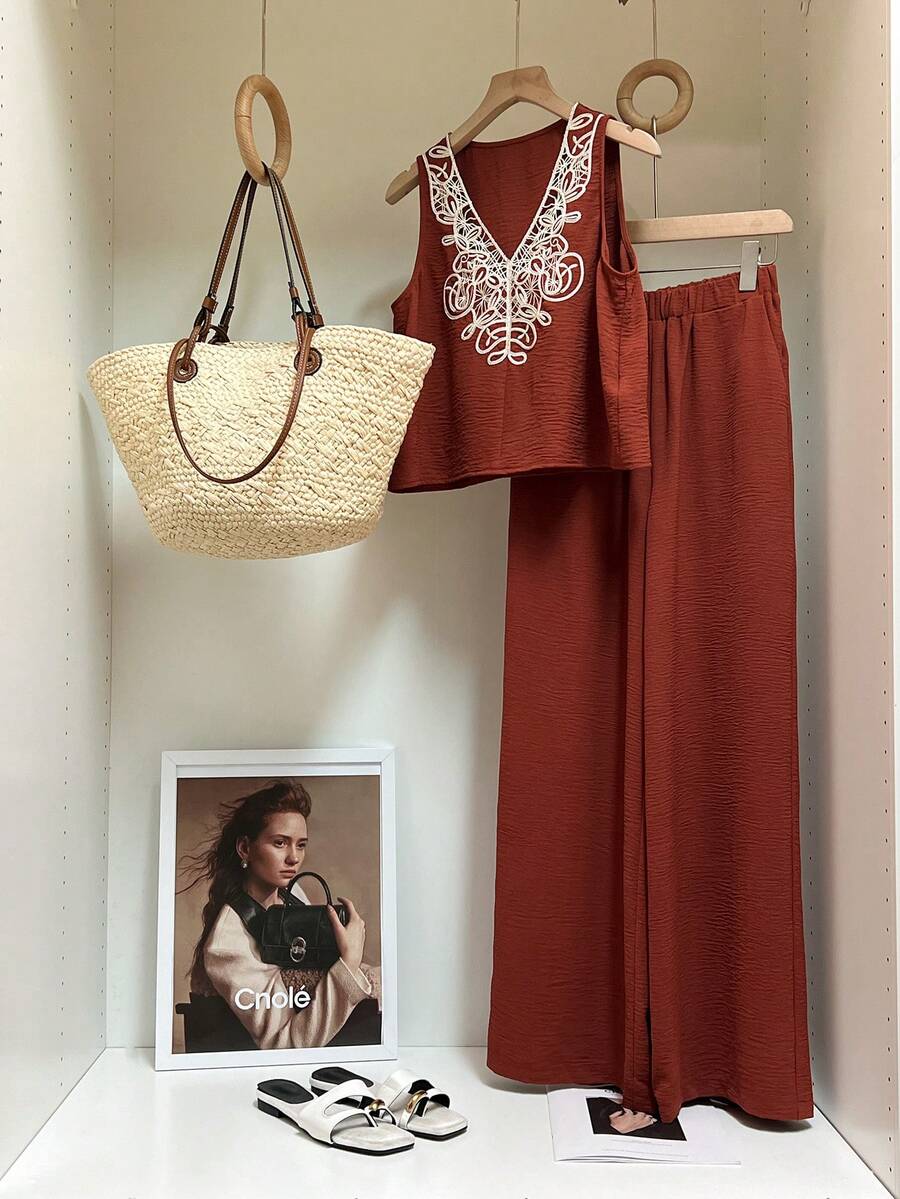SHEIN Frenchy 2pcs Women's Summer Boho Vacation Holiday Rust Brown Linen Set,Embroidered V-Neck Tank Top And Wide Leg Pants,Casual Comfy Modest Two Piece Outfits - Brown - View 1