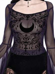 ROMWE Goth Dark Vintage Palace Vine & Moon Pattern Flocked Sheer Mesh Top For Women - Purple - View 1