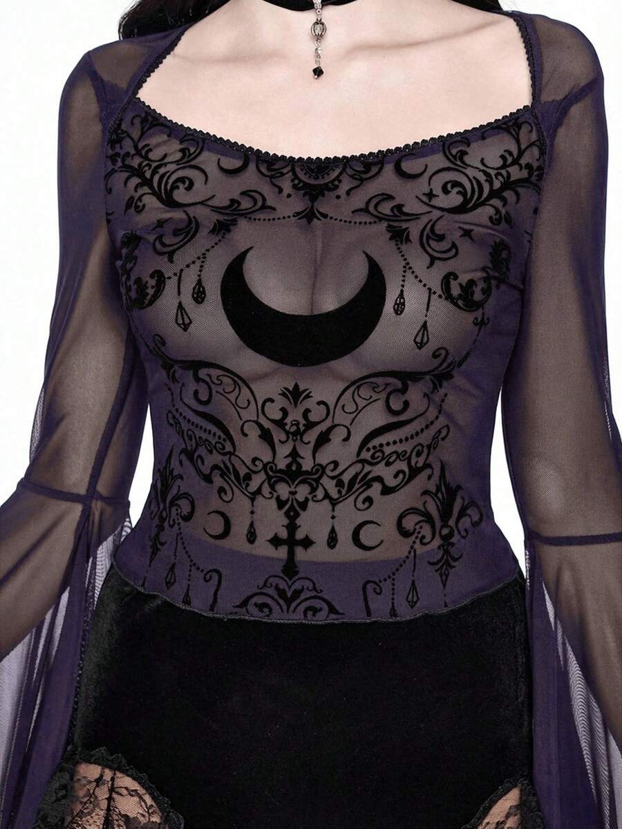 ROMWE Goth Dark Vintage Palace Vine & Moon Pattern Flocked Sheer Mesh Top For Women - Purple - View 1
