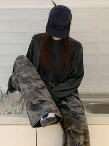DAZY 女士抽绳腰带口袋迷彩休闲百搭阔腿裤 - 軍綠色 - 查看 2