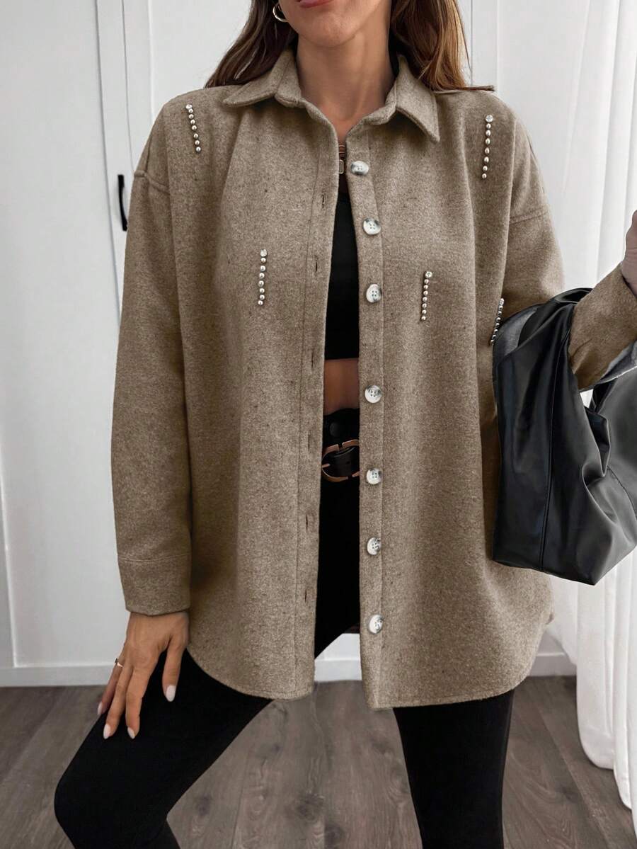 SHEIN Cottnline Solid Color , Rhinestone Details, Over Shirt Jacket - Mocha Brown - View 1