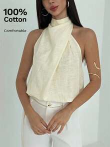 Aloruh Elegant Off-White Wrap-Neck Top,Asymmetrical Ruffle Trim Sleeveless Summer Tops For Women,Effortless Chic Casual Top For Brunch&Vacations - Apricot - View 4