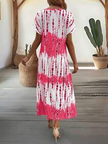 EMERY ROSE Gaun Kasual Musim Panas Terbaru untuk Wanita, Leher V, Lengan Pendek, Longgar, Motif Tie-Dye, Belahan Samping - Hot Pink - View 2