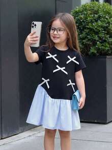 SHEIN 蓝色拼接条纹短袖休闲连衣裙，学院风 - 寶藍色 - 查看 6