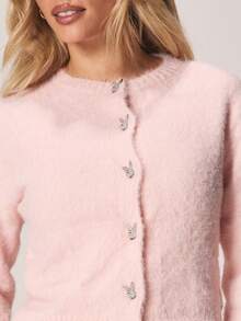 Missguided x Playboy Button Up Fitted Fluffy Knit Cardigan With Crystal Embellished Front Closure And Drawstring Bottom - Pink - View 4