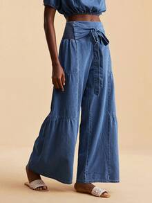 Travachic Women's Knotted Waist Ruffle Hem Loose Casual Jeans - Medium Wash - View 2