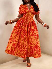 BamGleam Women's V-Neck Cinched Waist Short Sleeve Allover Print Dress - Multicolor - View 7