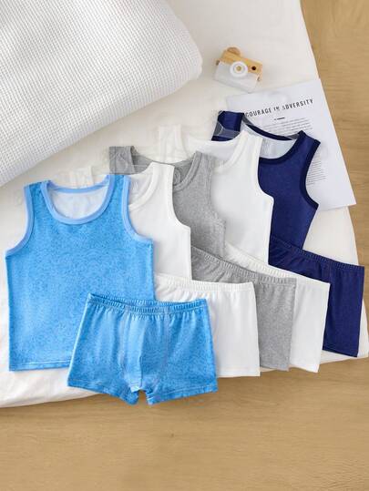 10pcs/Set Basic Cotton Undershirt, Vest, Briefs & Trunks Underwear Set For Young BoySimple Sporty & Collegiate Style