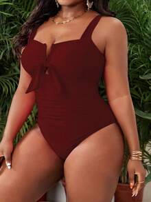 Slaydiva Plus Size Women's V-Neck Tie-Front Ruched One Piece Swimsuit, Sexy Slimming Solid Color One Piece Swimsuit For Nightclub Party, Vacation - Burgundy - View 3