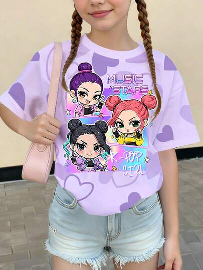 1 pieza Blusa holgada casual con estampado de corazón púrpura de grupo de chicas K-pop, adecuada para primavera, verano, otoño e invierno, gran regalo del Día de San Valentín para niñas