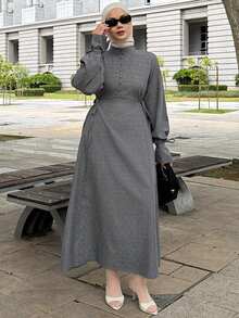 DAZY Women's Turtleneck Textured Waist Flare Sleeve Mid-Length Dress - Grey - View 7