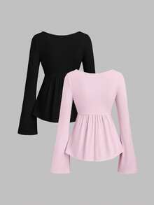 Sweetra 2pcs Women Elegant Slimming Comfortable Long Sleeve Versatile T-Shirt Set - Multicolor - View 2