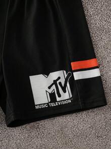 MTV | SHEIN 2pcs/Set Young Boy Colorblock V-Neck Animal Print Short Sleeve T-Shirt And Shorts Set - Orange - View 6