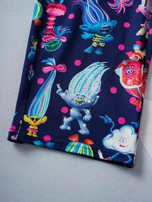 SHEIN Trolls Young Girl Cute Cartoon All-Over Print Short Sleeve Shirt And Pants Pajama Set - Navy Blue - View 10