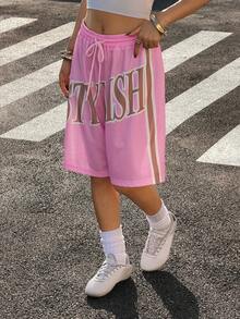 Muchica Women's Pink Mesh Letter Print Drawstring Waist Shorts - Pink - View 3