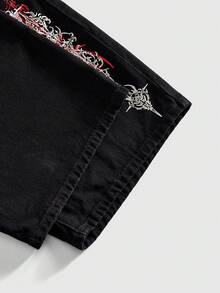ROMWE MEN Black Graffiti Print Streetwear Denim Shorts - Black - View 4