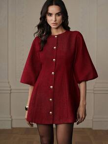 Aveloria Rosie Đầm dệt kim họa tiết xương cá tay phồng, thanh lịch, đa năng, mang phong cách thời trang cao cấp. - Đỏ - Xem 3