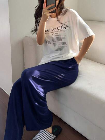 DAZY Women's Casual Letter Print Loose Fit T-Shirt And Pants Pajama Set