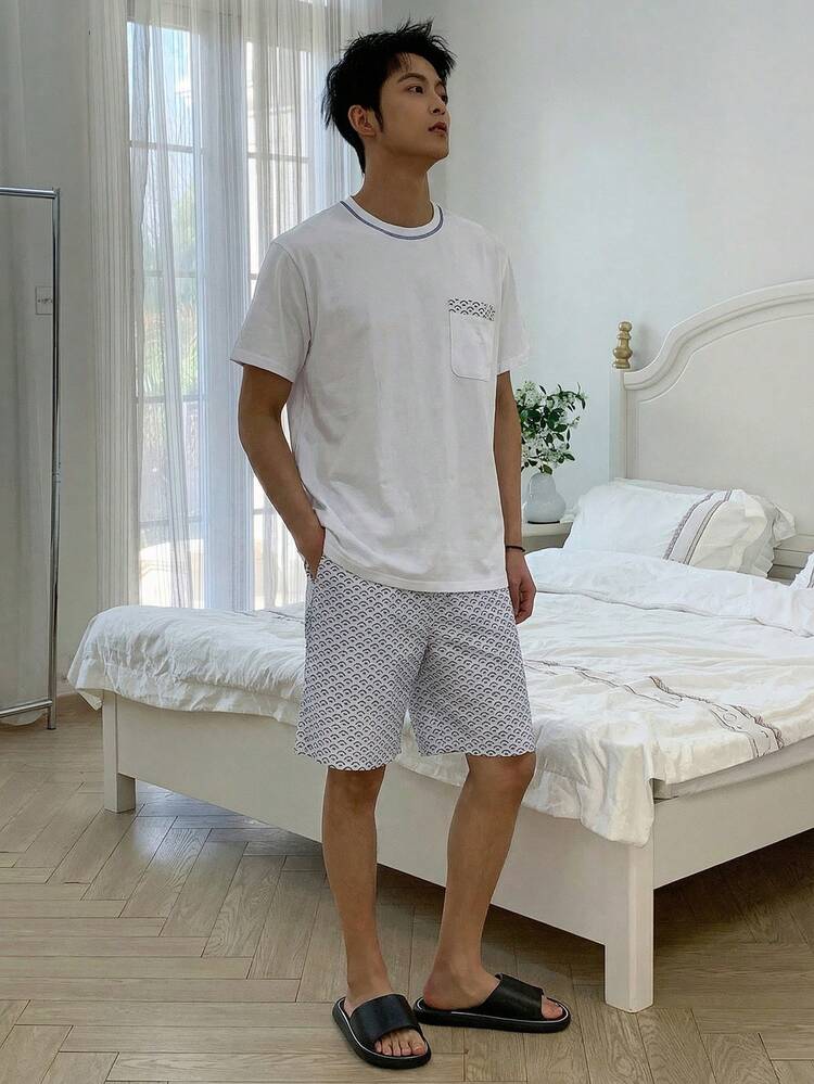Men's Multi-Color T-Shirt And Floral Print Shorts Pajama Set, Summer