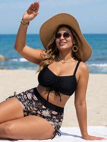 Swim Lushoire Plus Size Women Elegant Bohemian Print Swimsuit Set, Drawstring Gather, Tropical Leaf Color Block Plus Size Swimsuit Set - Black - View 3