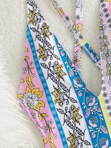 Bonvoyette 女士春夏沙滩音乐节印花V领露背甜美可爱风格连体泳衣 - 彩色 - 查看 5