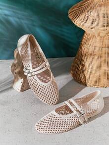 SHUZIA Women's Comfortable Rubber Fish Net Round Toe Ballet Flats - Beige - View 7