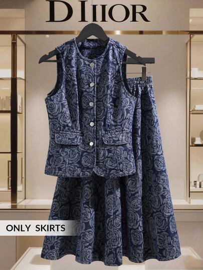 GlowEve 女士优雅印花弹力腰A字牛仔裙，适合工作和通勤穿着。