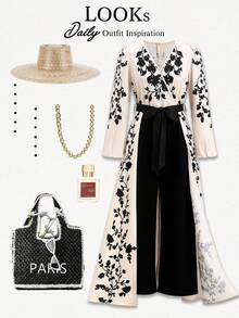 Ellevyn 女士印花拼接V领长袖优雅连体裤 - 彩色 - 查看 3